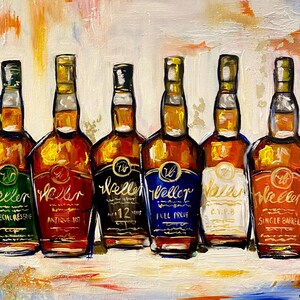 May include: An oil painting depicts six bottles of Weller bourbon. Each bottle has a unique label color: green, red, black, blue, white, and orange. The labels feature the Weller logo and text indicating the type of bourbon, such as "Special Reserve" and "Single Barrel."
