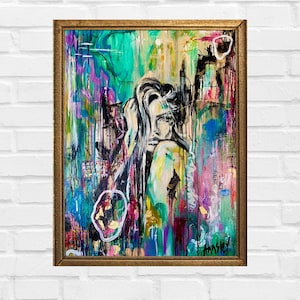 May include: Abstract painting of a woman with long black hair, set against a colorful background of green, blue, pink, and purple. The woman's face is partially obscured by her hair, and she appears to be looking down.