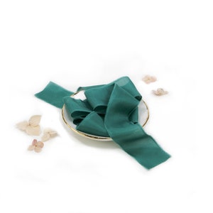 Handgeverfd zijden lint, TEAL | blauwgroen