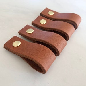 Può includere: Quattro tiretti per cassetti in pelle marrone con pomelli in metallo dorato.