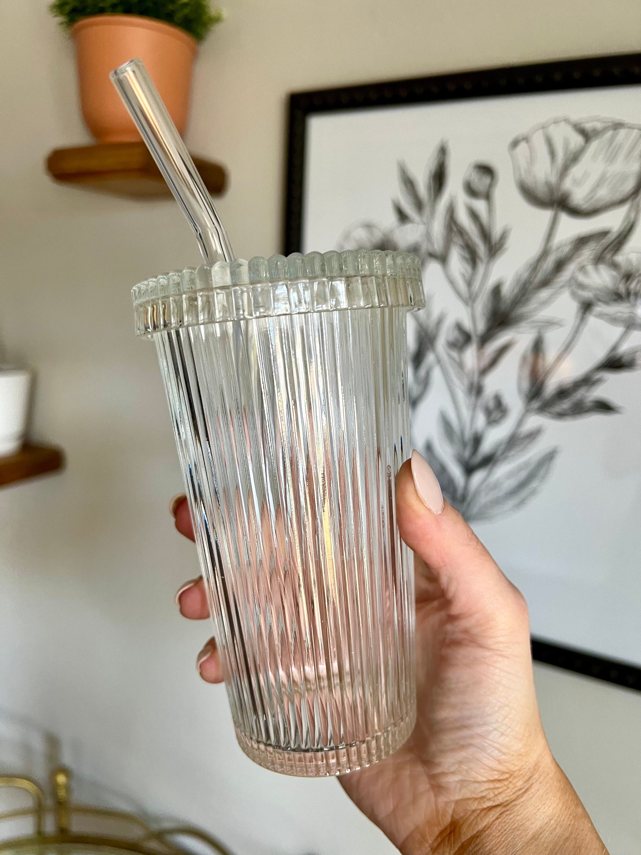 Vertical Striped Water Cup, Glass Lid And Straw Cup Set, Glass Cup, Coffee Cup, Cold Drink Cup, 12.7 oz.