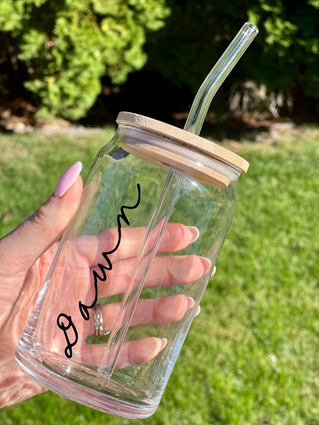 Personalized Glass Cup With Bamboo Lid and Glass Straw, Mason Jar Glass ...