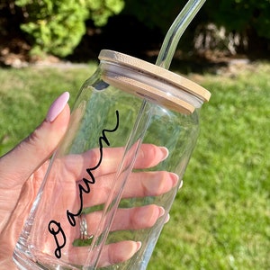 Personalized glass cup with bamboo lid and glass straw, Mason jar glass, Beer can glass, Tumbler, Iced coffee cup, Bridesmaids gift, 16oz.