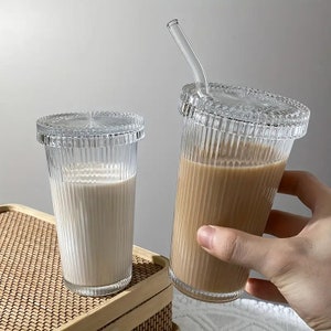 Vertical Striped Water Cup, Glass Lid And Straw Cup Set, Glass Cup, Coffee Cup, Cold Drink Cup, 12.7 oz.