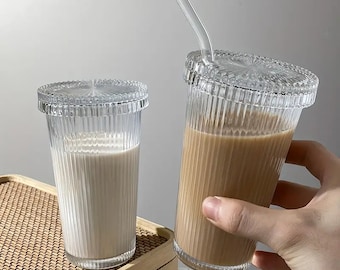 Vertical Striped Water Cup, Glass Lid And Straw Cup Set, Glass Cup, Coffee Cup, Cold Drink Cup, 12.7 oz.
