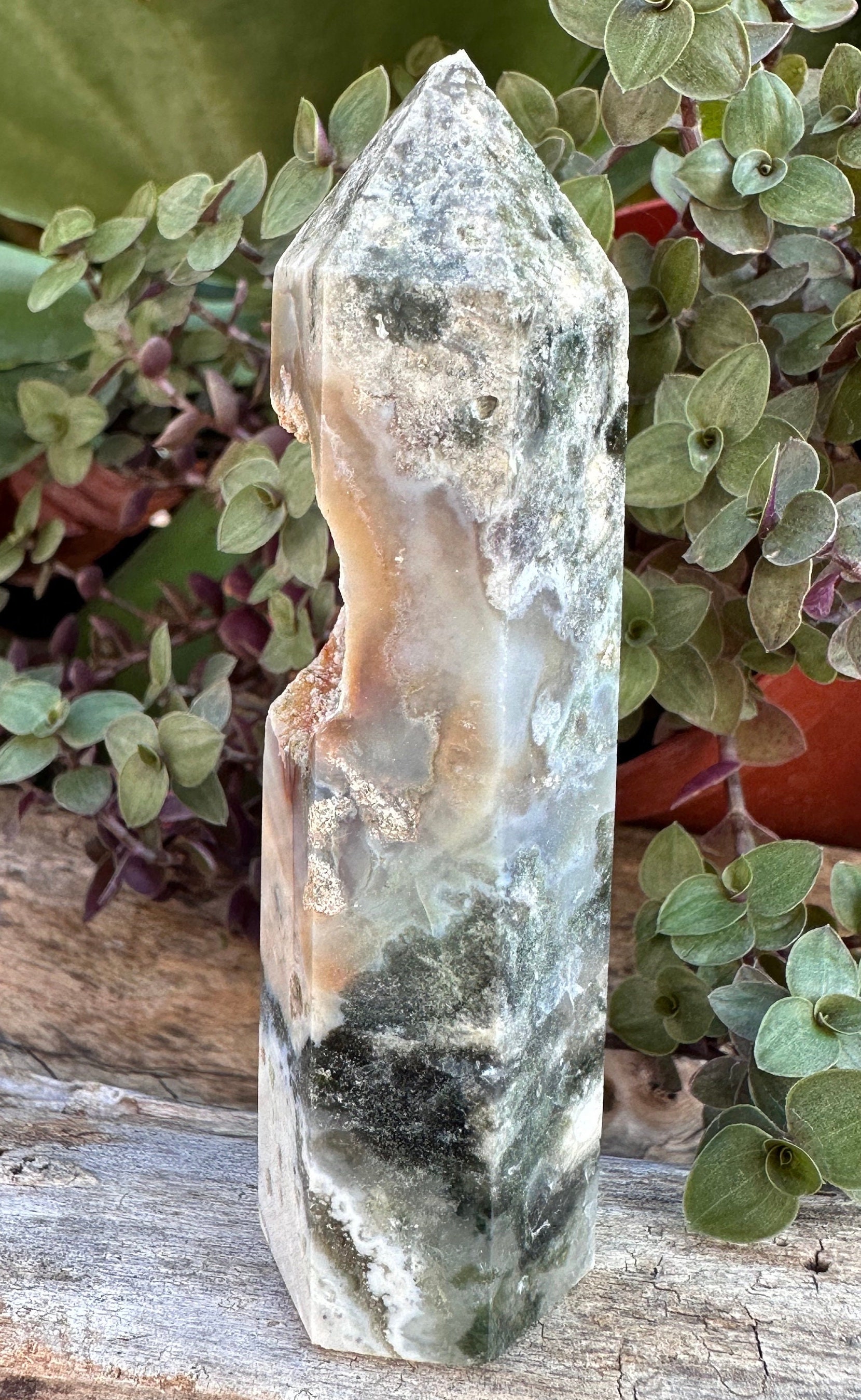Beautiful Moss Agate Tower with Natural Druzy Cave from India