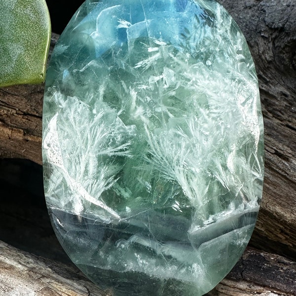 Rare Large Blue Feather Fluorite Palm Stone with Scolecite Inclusions and Rainbows from China