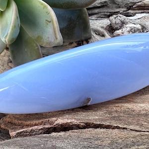 May include: A smooth, elongated, light blue gemstone rests on a piece of weathered wood. The stone has a polished, glossy surface and a rounded shape. The background includes a green succulent plant.