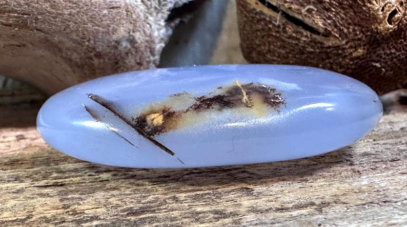 May include: A smooth, oval-shaped blue chalcedony stone featuring a translucent, light periwinkle color. The surface displays a distinct, dark brown dendritic inclusion that stretches across the center, creating a natural, contrasting pattern.