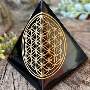Powerful Black Obsidian “Flower of Life” Pyramid/Polished Obsidian from Mexico
