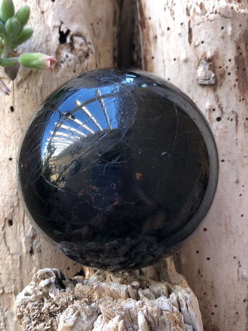 Beautiful Malagasy Black Tourmaline Sphere with Pink Tourmaline Inclusions from Madagascar