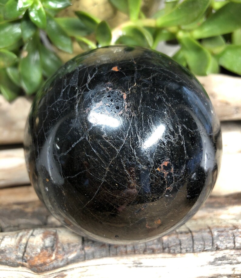 Beautiful Malagasy Black Tourmaline Sphere with Pink Tourmaline Inclusions from Madagascar