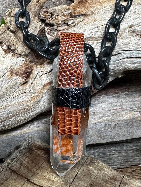 Leather Wrapped Crystal Pendant Obsibian Pendant Boho Leather Necklace