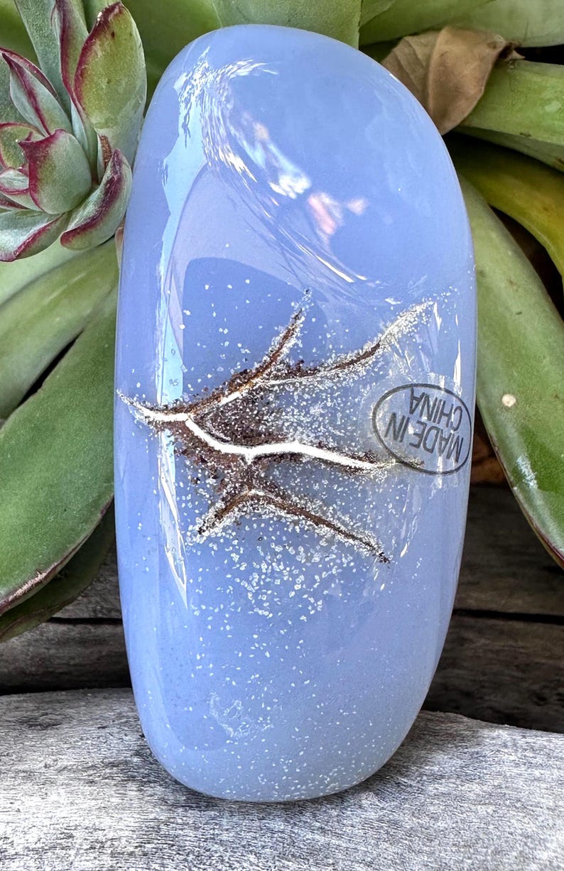May include: A light blue glass decorative object with a brown and white design. The object has a smooth, glossy surface and a sticker that says "MADE IN CHINA". The object is surrounded by green plants.