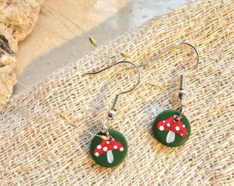 Mushroom Small Collection - Handmade Polymer Clay Earrings - Forest Green with Hand-Painted Mushrooms, Ferns, Ditsy Flowers - UK Artisan