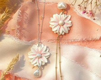 Spring Meadow Collection - Handmade Flower Pendant Necklaces with Pink Accents and Freshwater Pearls - Sterling Silver and 14k Gold Necklace