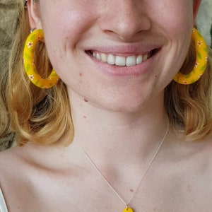 Sunflower Yellow Daisy Flower Polymer Clay Hoop Earrings Large