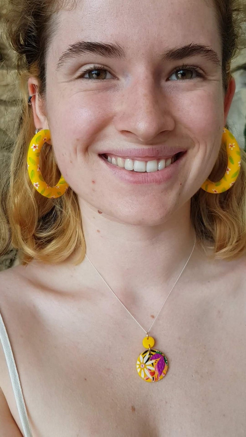 Sunflower Yellow Daisy Flower Polymer Clay Hoop Earrings Large