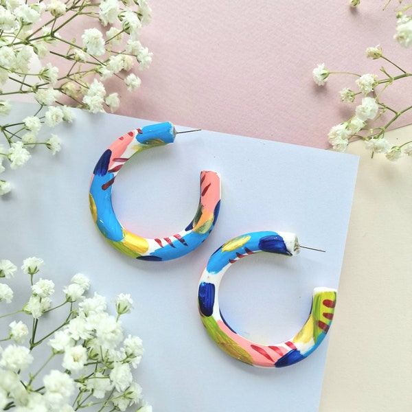 Bright colourful Polymer Clay Hoop Earrings Handmade UK Aesthetic Colorful Big Ceramic aesthetic earrings quirky abstract mismatched unusual
