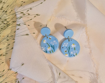 Spring Meadow Small Drop Stud Earrings - Sky Blue with Hand-Painted Daisy Flowers, Cow Parsley and Bees - Polymer Clay - Limited Edition