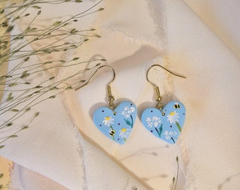 Spring Meadow Heart Dangle Earrings - Sky Blue with Hand-Painted Daisy Flowers, Cow Parsley and Bees - Polymer Clay - Limited Edition