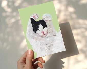 Black and White Cat Sleeping Blank Greetings Card - Animals and Landscapes Collection