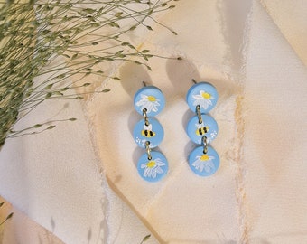 Spring Meadow Three Drop Stud Earrings - Sky Blue with Hand-Painted Daisy Flowers, Cow Parsley and Bees - Polymer Clay - Limited Edition