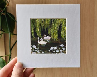 Swans In Willow Tree Mounted Art Print - Cotswold Life Collection