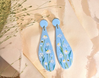 Spring Meadow Large Teardrop Earrings - Sky Blue with Hand-Painted Daisy Flowers, Cow Parsley and Bees - Polymer Clay - Limited Edition