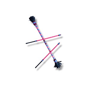 May include: Two long, slender batons featuring a vibrant pink and blue spiral pattern along the shaft. Each baton is capped with a black fringed tassel at one end and includes decorative bands in matching pink and blue colours near the handle.