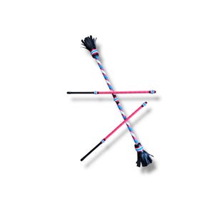 May include: Two flow wands featuring a central pink grip section and a long shaft decorated with a diagonal blue, white, and red striped pattern. Each wand terminates in a black tassel with a decorative band of blue, white, and red at the base.