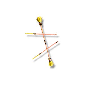 May include: Two juggling batons with light pink shafts and yellow tassels at the ends. Each baton features black and yellow striped bands near the tassels and at the centre. The shafts have a textured grip pattern throughout their length.