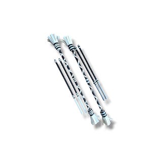 May include: A set of four baton twirling sticks featuring black shafts with white spiral patterns. Two sticks have white fringed ends, while the other two are plain black rods. The design includes black and white striped accents near the ends.