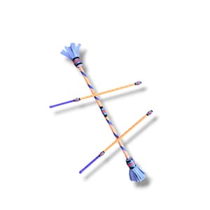 May include: Two juggling batons with light wood shafts wrapped in blue and orange spiral tape. Each baton features a purple fringed end, a handle section with blue and orange bands, and a small purple tip at the opposite end of the fringe.