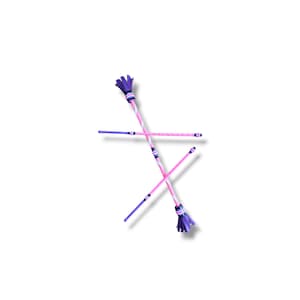 May include: Two baton twirling batons crossed in an X shape. Each baton features a long pink and white spiralled shaft, a purple fringed end, and a purple and pink grip handle. The design includes decorative bands in purple, pink, and white.