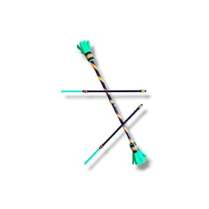 May include: Two juggling batons featuring black shafts with diagonal red, yellow, and green stripes. Each baton has a bright green fringed end, a black grip section, and a solid turquoise tip. The batons are arranged in a crossed position.