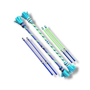 May include: A set of four juggling batons featuring two larger batons with turquoise fringed ends and two smaller, thinner batons. The larger batons have purple, turquoise, and lime green striped patterns, while the smaller batons are solid purple or lime green.