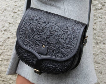 Large black leather bag crossbody women's, genuine leather embossed purse over the shoulder, made in Ukraine