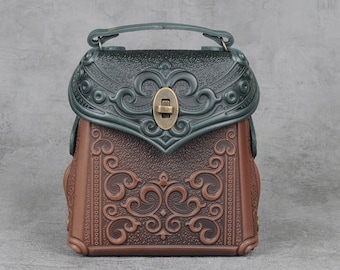 Embossed Leather Backpack: Green & Brown Boho Rucksack