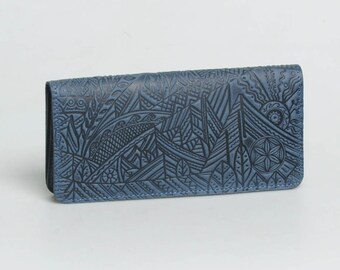 Long genuine leather wallet with embossed pattern 'Carpatians', big size blue wallet for women