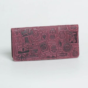 Cartera larga de piel auténtica con estampado en relieve 'Stapms', cartera marsala de gran tamaño para mujer