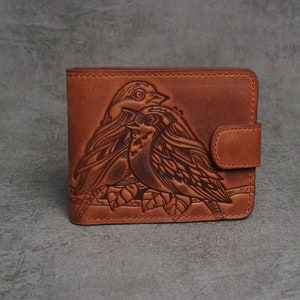 Cartera de cuero Pájaros de cuero repujado, billetera pequeña, billetera de cuero marrón, billetera de cuero genuino, billetera de bolsillo hombres, billetera billetera