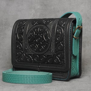 Hot Tooled Leather Crossbody Bag: Black & Turquoise Messenger Purse