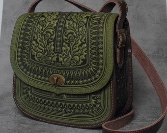 Olive messenger bag, genuine leather green bag, big leather bag, tooled leather, crossbody bag, shoulder bag, capacious bag