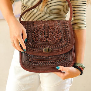 Tooled Leather Messenger Bag: Handmade Bordo Crossbody Bag