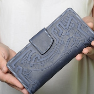 Cartera de cuero azul, Cartera de cuero suave, Cartera con bolsillo para monedas, Cartera unisex, Cartera de cuero auténtico, Cartera de mano, Cartera de mujer