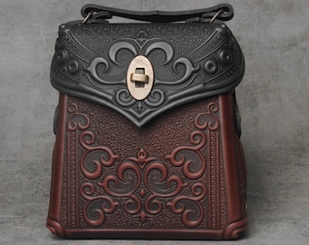 Embossed Leather Backpack: Brown & Black Boho Bag