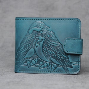 Cartera de cuero Pájaros de cuero repujado, billetera pequeña, billetera de cuero verde azulado, billetera de cuero genuino, billetera de bolsillo pájaros, billetera billetera