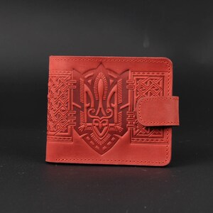 Cartera delgada de piel bifold, cartera pequeña de piel auténtica de color rojo con Tridente en relieve