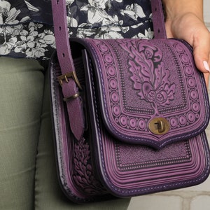 Purple leather purse, hot tooled leather, embossed leather bag, crossbody bag, shoulder leather bag, purple bag, messenger bag, gift for her